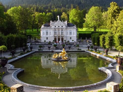 Beautiful Front View Of The Linderhof Palace In Bavaria