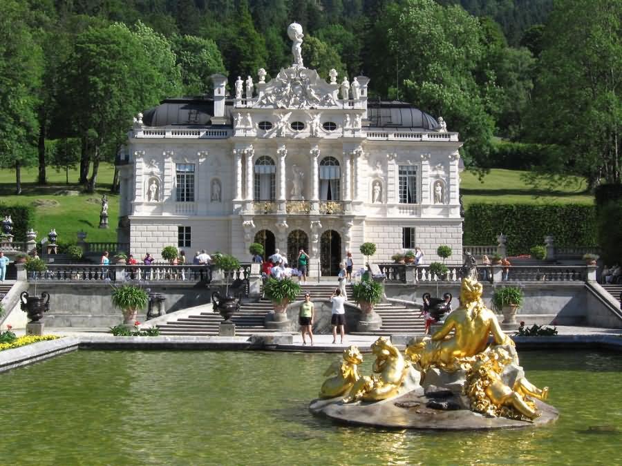 Beautiful Golden Fountain In Front Of The Linderhof Palace In Bavaria