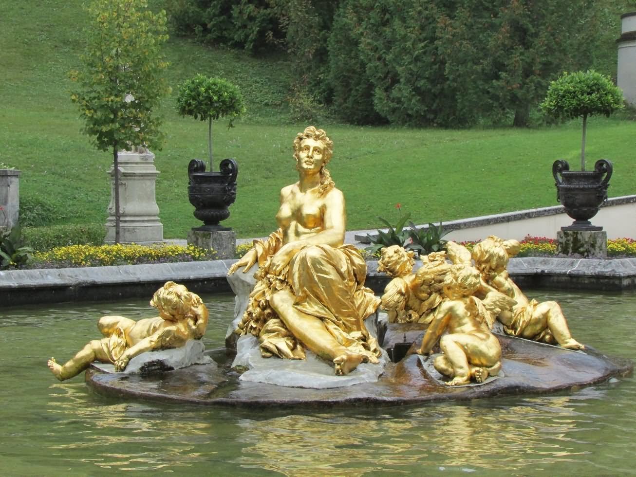 Beautiful Golden Fountain In Front Of The Linderhof Palace
