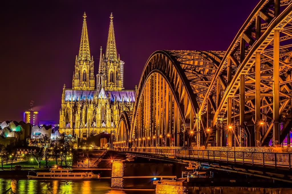 Beautiful Hohenzollern Bridge And Cologne Cathedral Night View