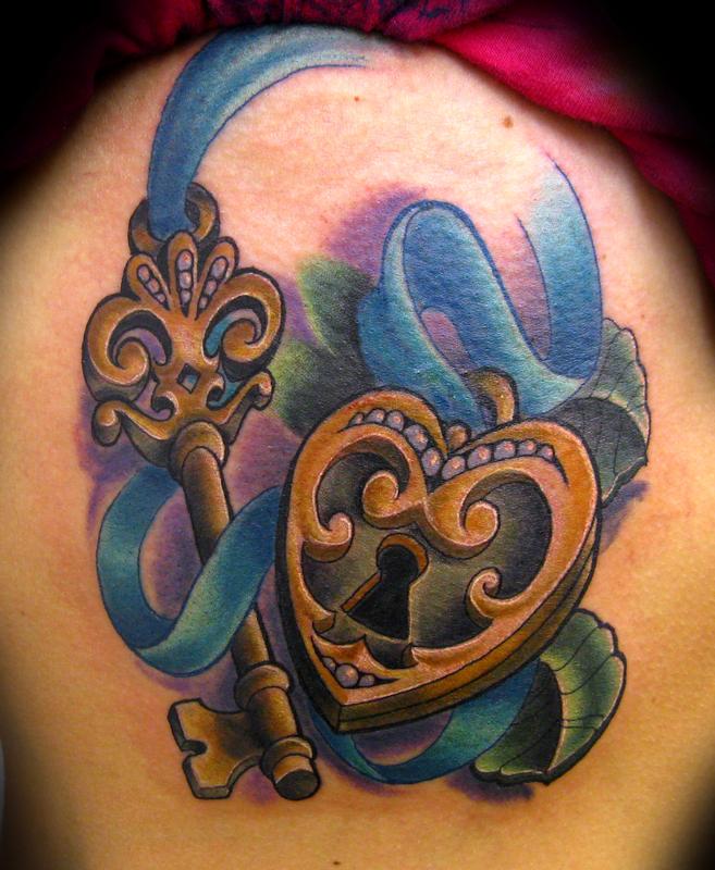 Beautiful Lock Heart And Skeleton Key Tattoo