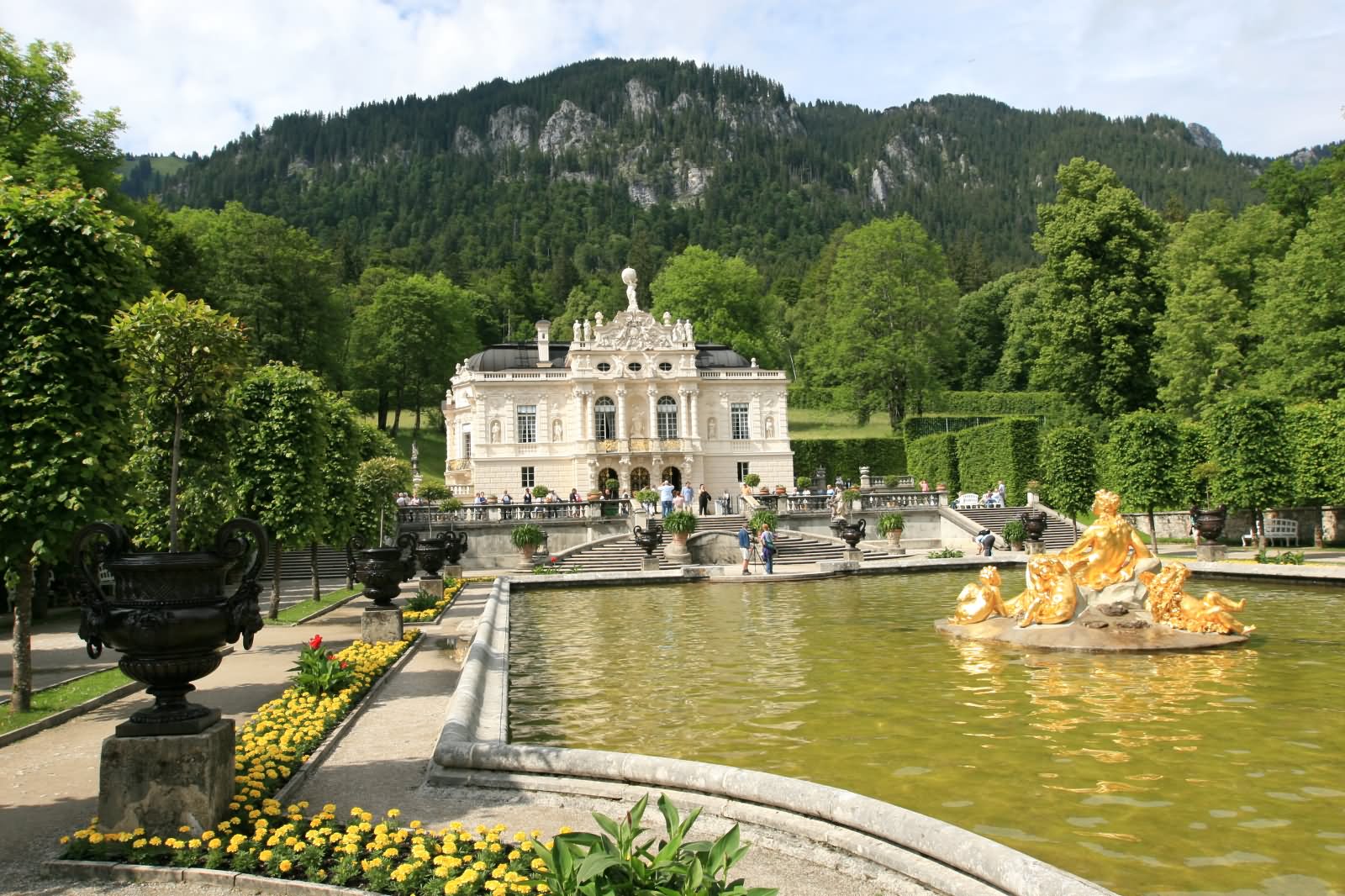 Beautiful View Of Golden Statues And The Linderhof Palace