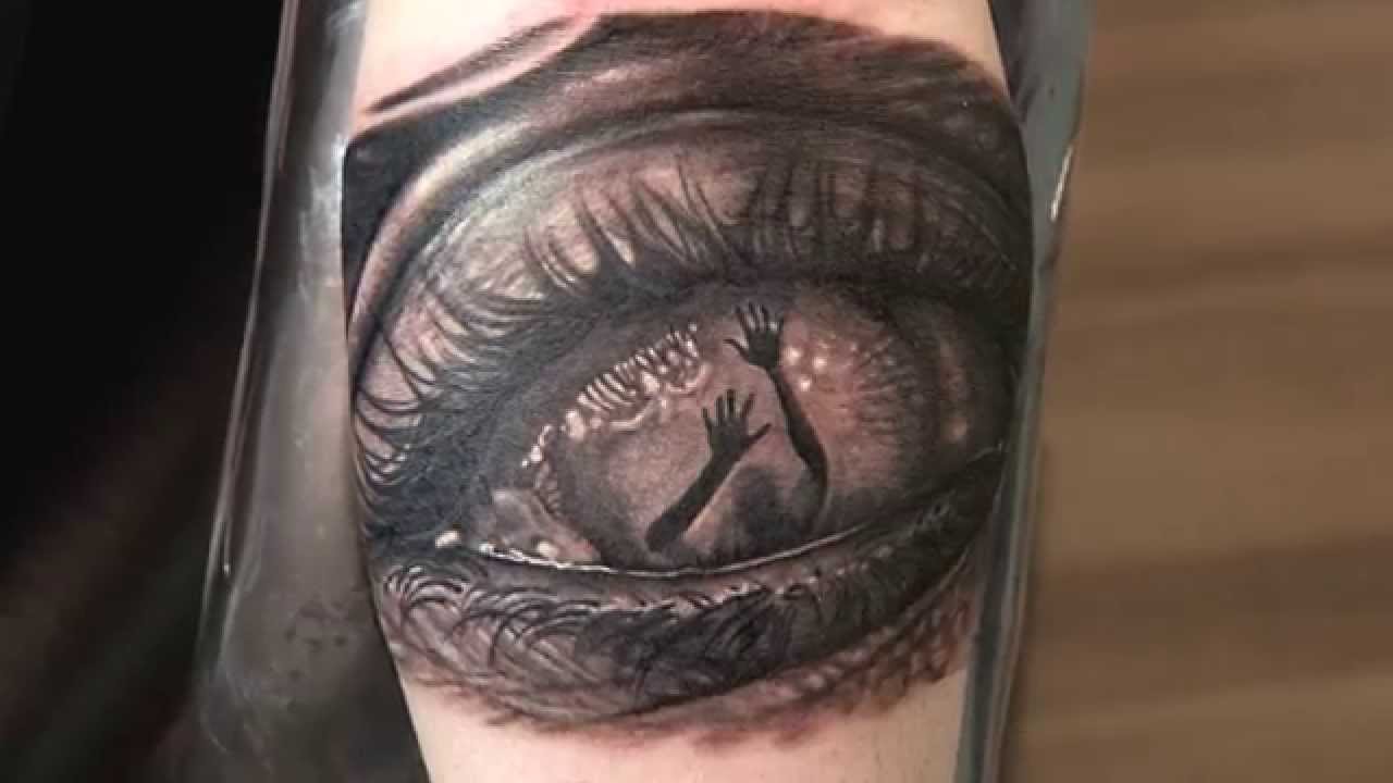 Black And Grey 3D Horror Eye Tattoo Design For Sleeve