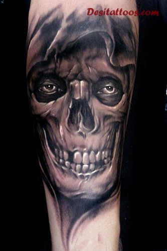Black And Grey 3D Horror Skull Tattoo On Forearm