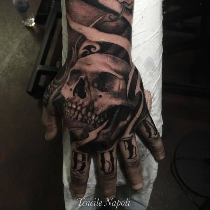 Black And Grey 3D Horror Skull Tattoo On Hand