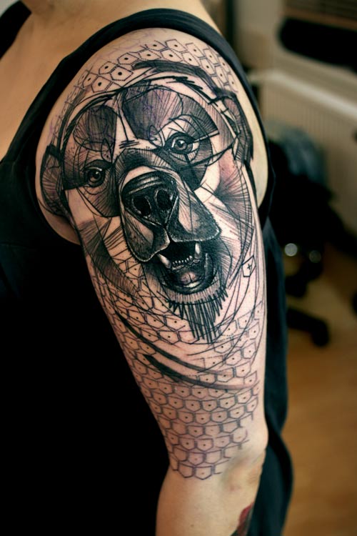 Black And Grey Abstract Bear Head Tattoo On Left Shoulder