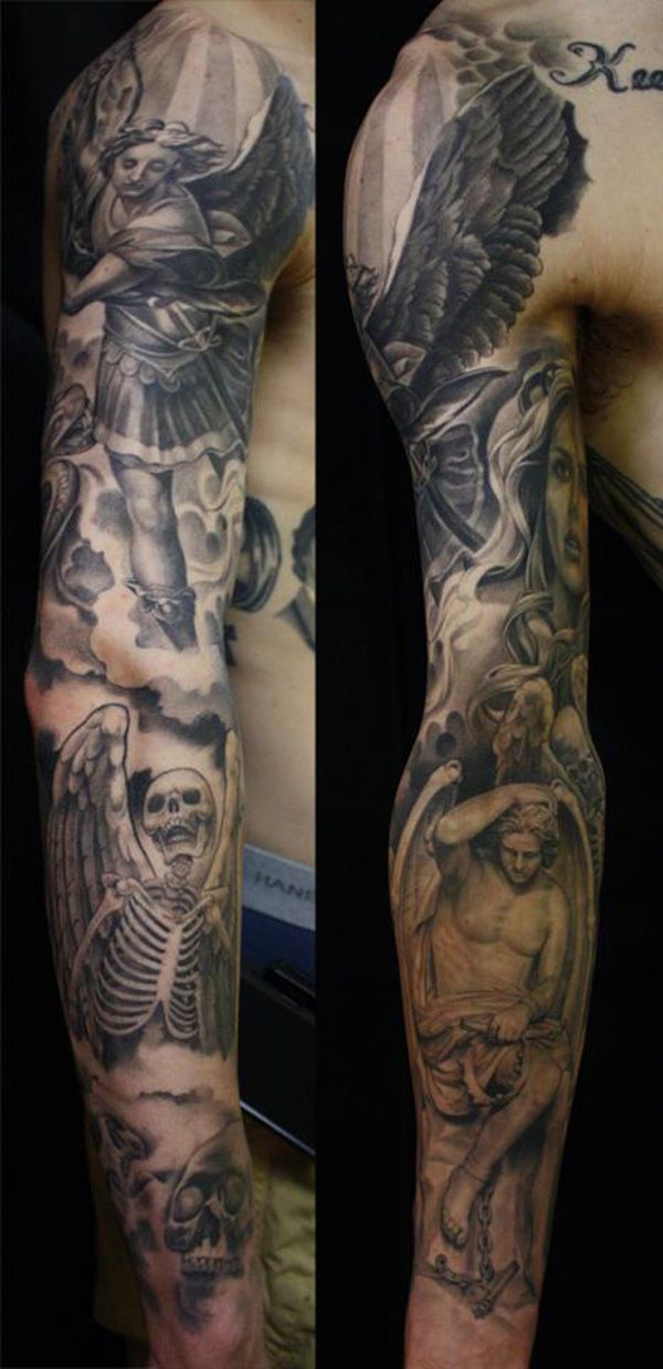 Black And Grey Angel With Skeleton Tattoo On Man Right Full Sleeve
