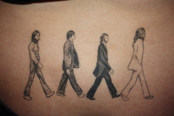 Black And Grey Beatles Tattoo Design For Sleeve