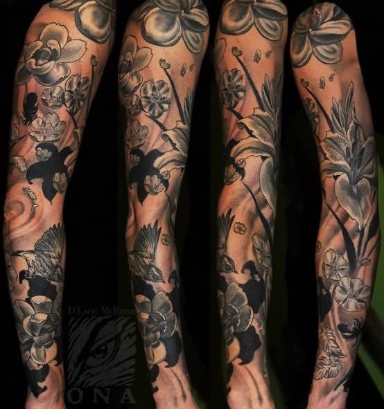 Black And Grey Birds With Flying Birds Tattoo On Full Sleeve