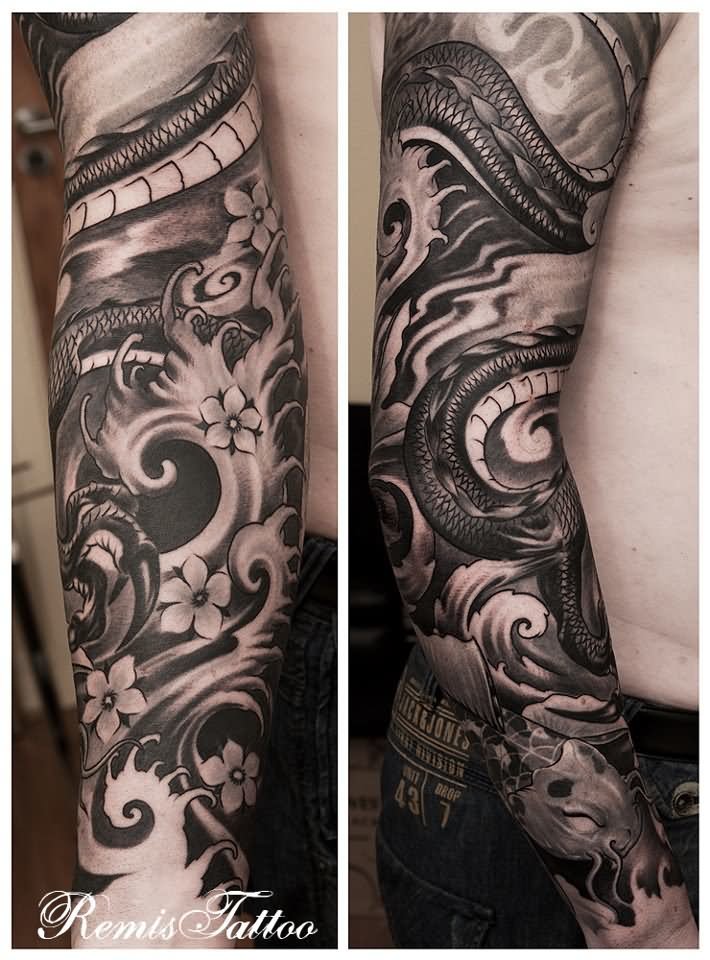 Black And Grey Dragon With Flowers Tattoo Design For Full Sleeve