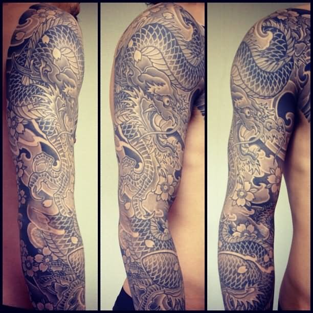 Black And Grey Dragon With Flowers Tattoo On Right Full Sleeve