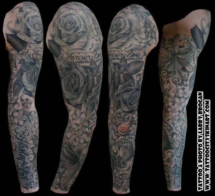 Black And Grey Flowers With Banner Tattoo On Full Sleeve