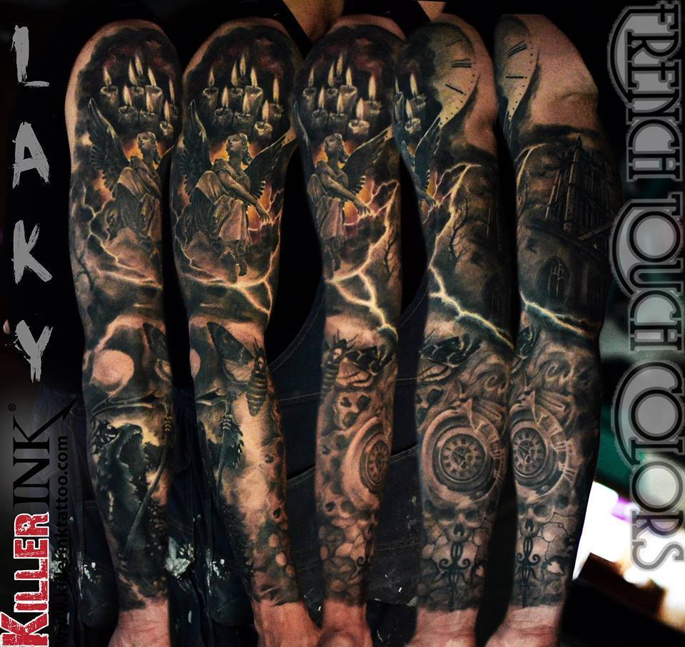 Black And Grey Full Sleeve Tattoo