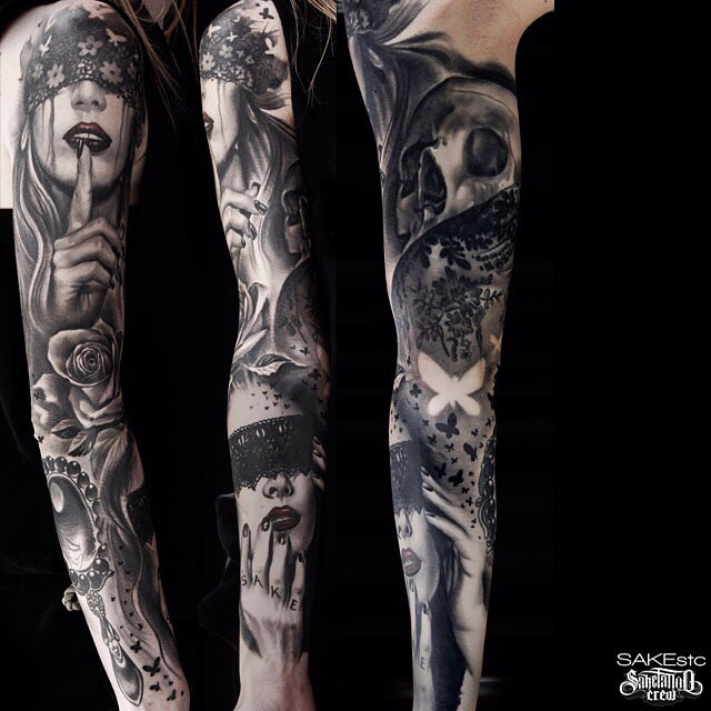 Black And Grey Girl Face With Rose Tattoo On Full Sleeve