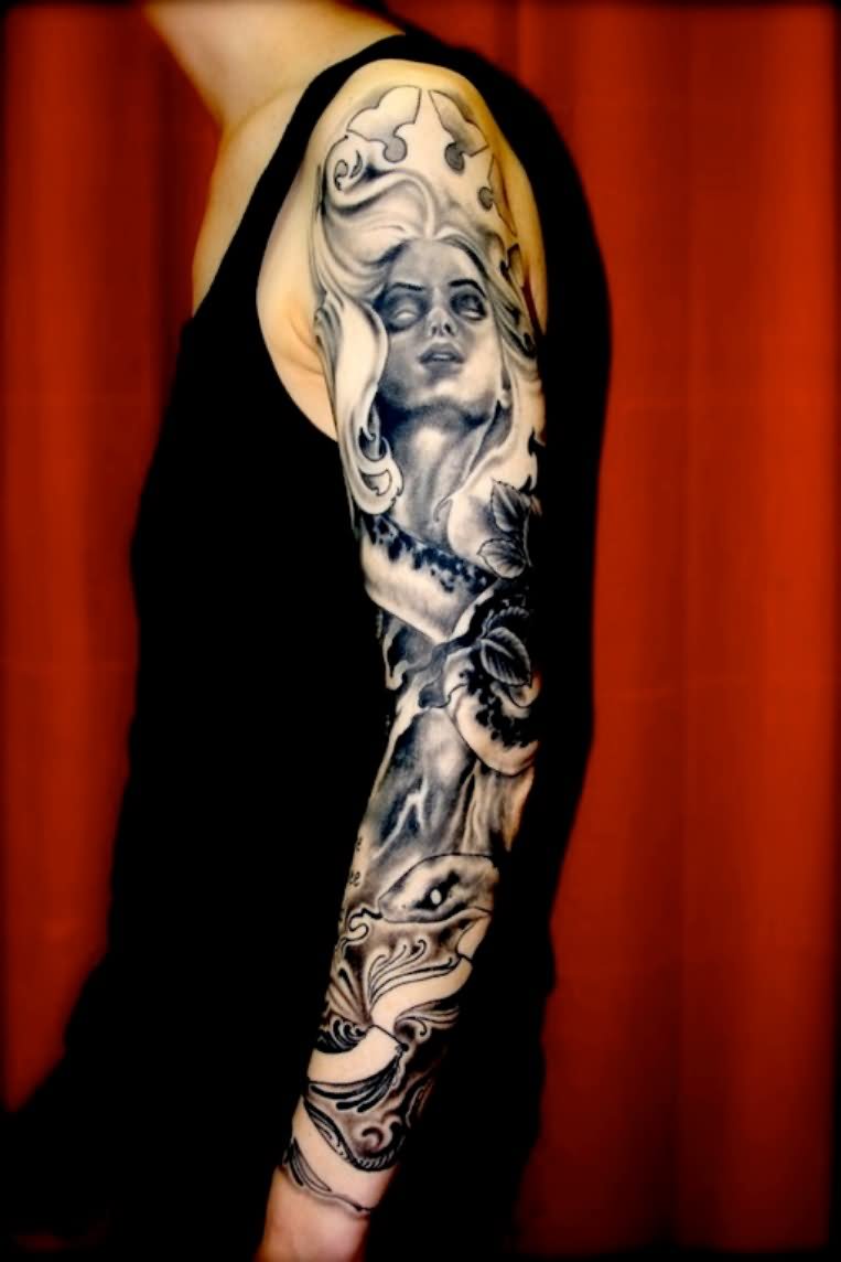 Black And Grey Girl Face With Snake Tattoo On Left Full Sleeve