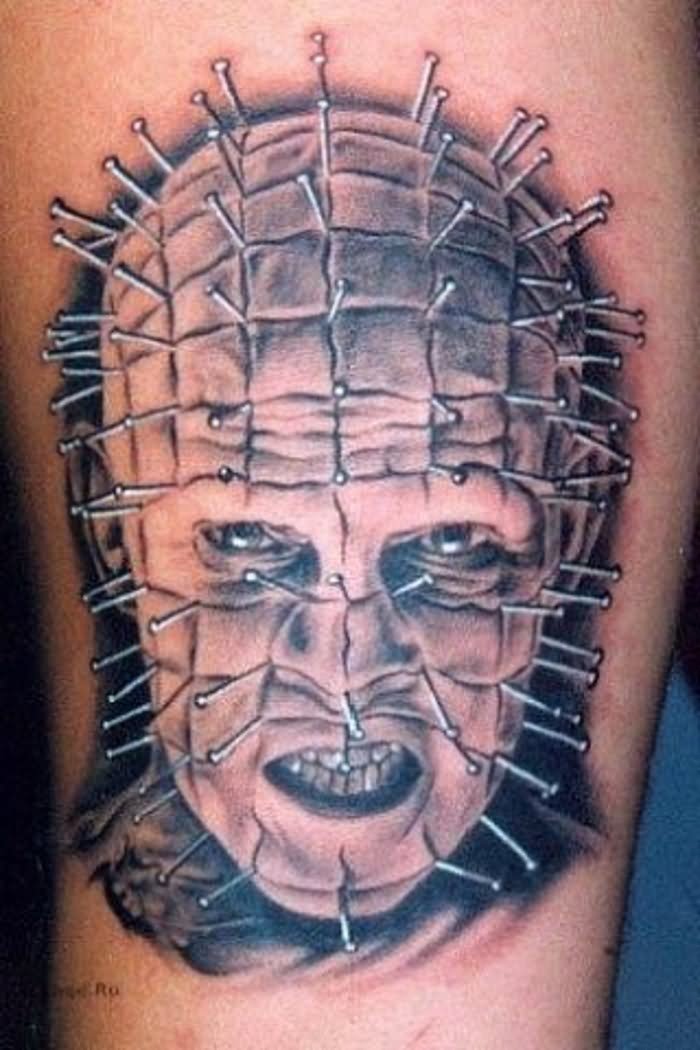Black And Grey Horror Pinhead Tattoo Design For Sleeve