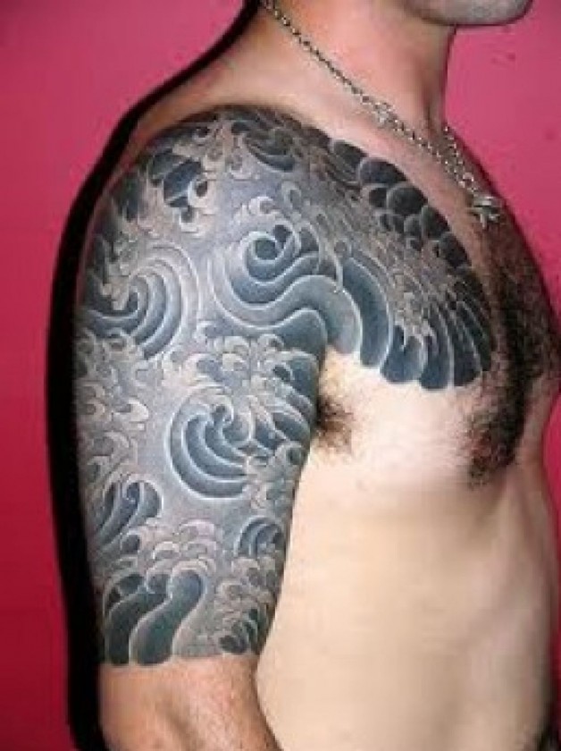 Black And Grey Japanese Cloud Tattoo On Man Right Half Sleeve