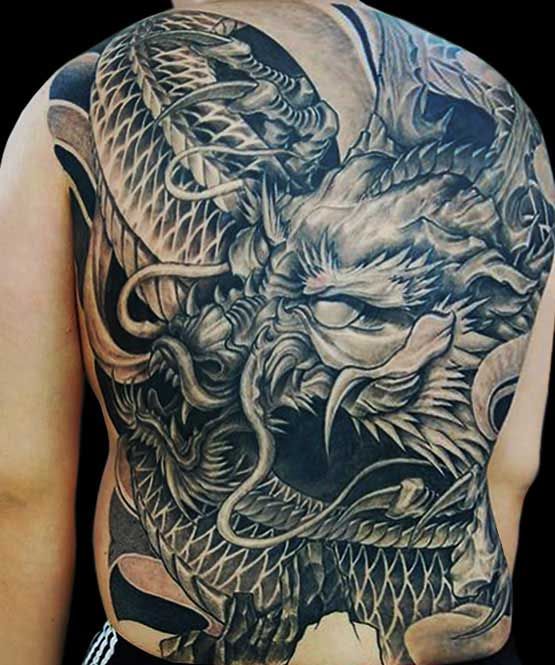 Black And Grey Japanese Dragon Tattoo On Full Back By Bum Choi