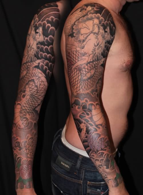 Black And Grey Japanese Dragon With Flowers Tattoo On Man Right Full Sleeve