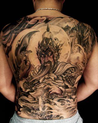 Black And Grey Japanese Warrior Tattoo On Full Back
