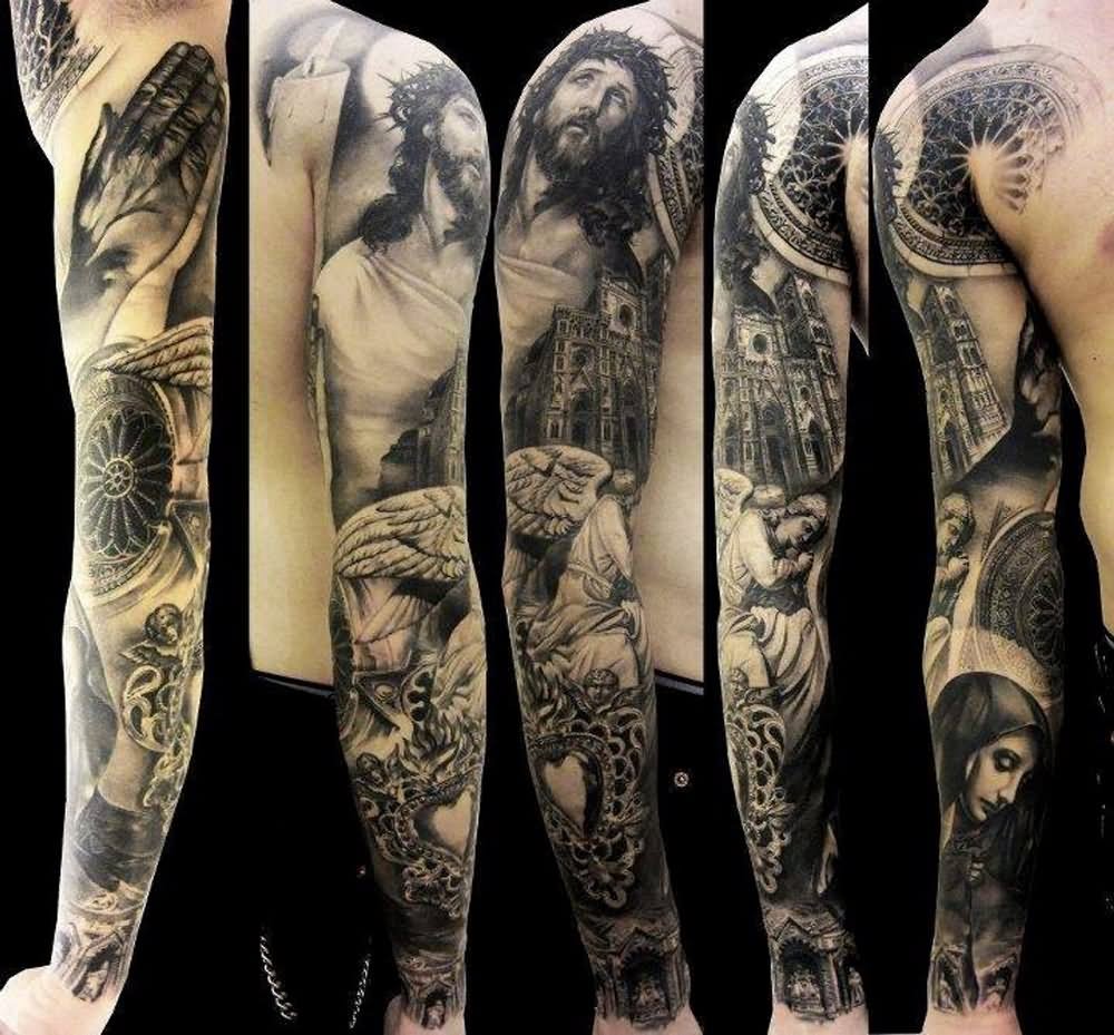 Black And Grey Jesus Face With Angel Tattoo On Full Sleeve