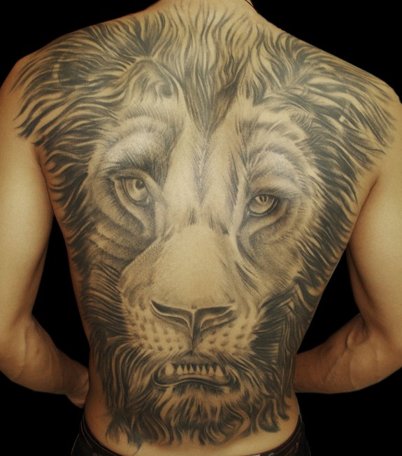 Black And Grey Lion Head Tattoo On Full Back