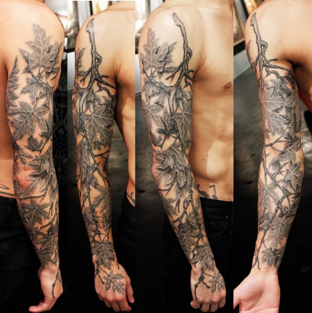 Black And Grey Maple Leaves Tattoo On Man Right Full Sleeve
