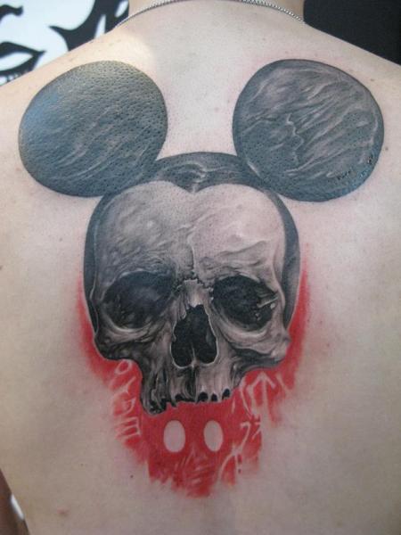Black And Grey Mickey Mouse Skull Tattoo On Upper Back
