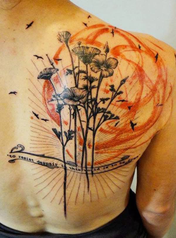 Black And Grey Opium Poppy Tattoo On Right Back Shoulder