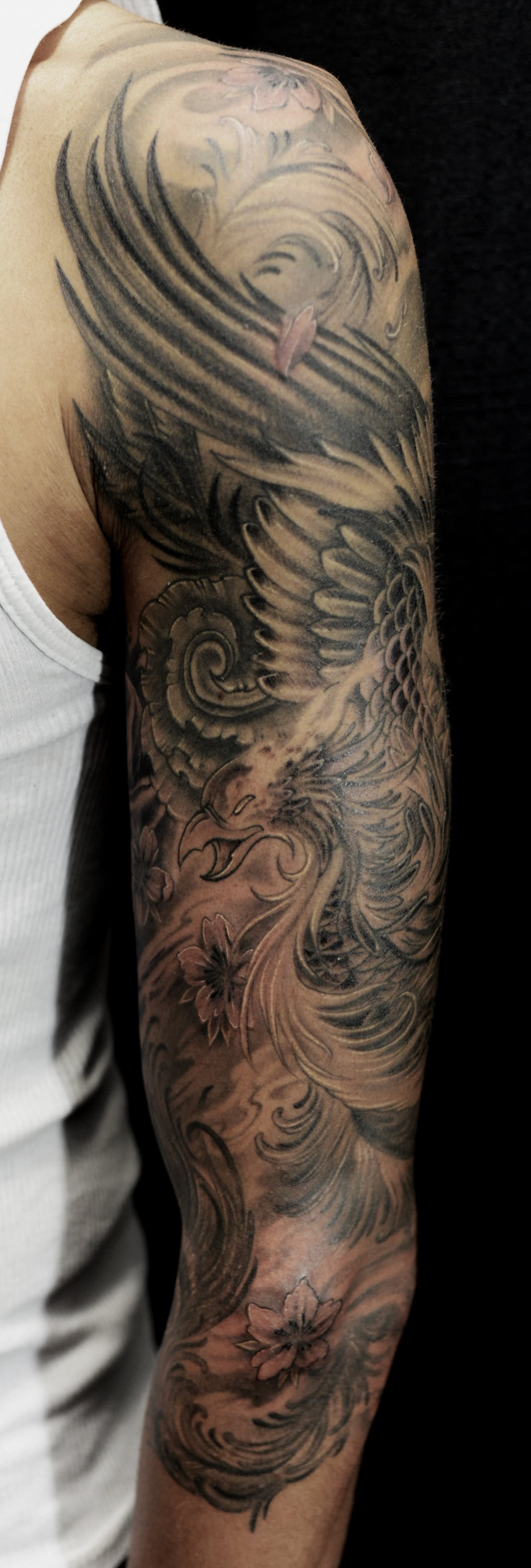 Black And Grey Phoenix Tattoo On Right Full Sleeve