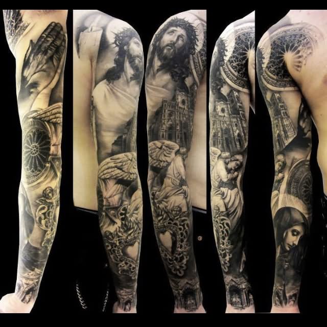Black And Grey Religious Jesus With Angel Tattoo On Full Sleeve