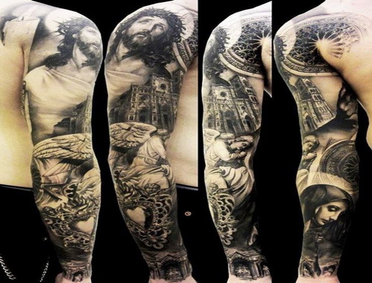 Black And Grey Religious Jesus With Angel Tattoo On Right Full Sleeve