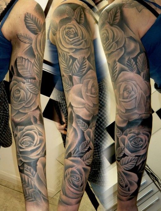 Black And Grey Roses Tattoo On Left Full Sleeve