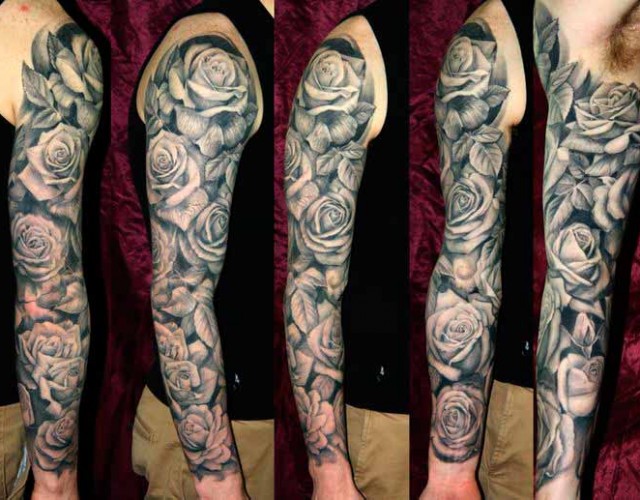 Black And Grey Roses Tattoo On Right Full Sleeve