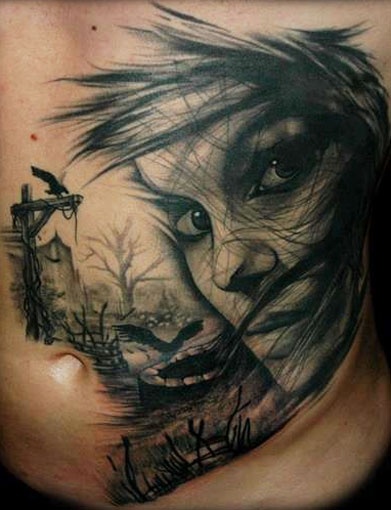 Black And Grey Sandor Pongar Girl Face Tattoo On Man Stomach By Jeff Gogue