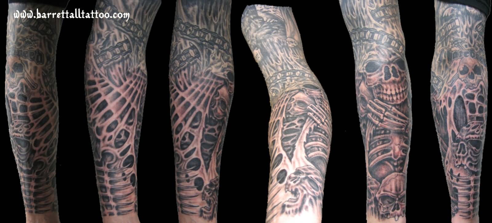 Black And Grey Skeleton Tattoo On Full Sleeve