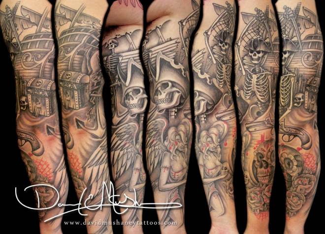 Black And Grey Skeleton With Angel Tattoo Design For Full Sleeve