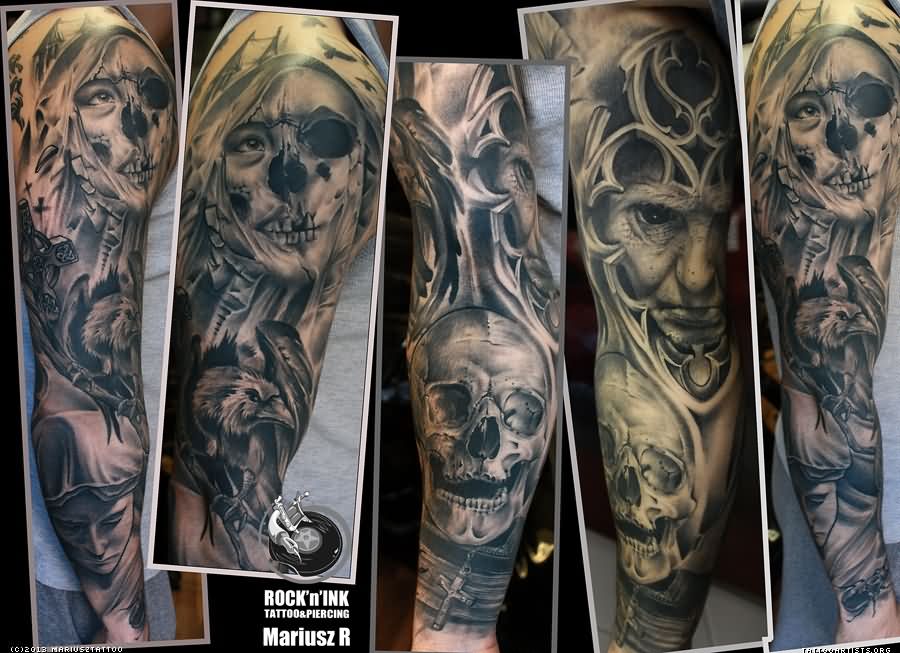 Black And Grey Skull With Eagle Tattoo On Man Right Full Sleeve