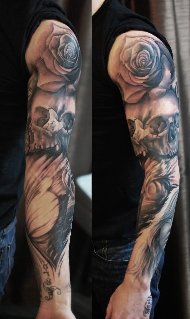 Black And Grey Skull With Rose Tattoo On Full Sleeve
