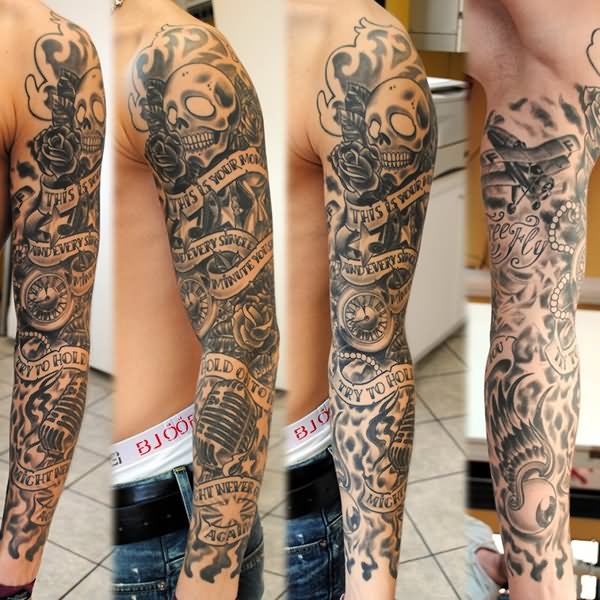 Black And Grey Skull With Roses And Banner Tattoo On Full Sleeve