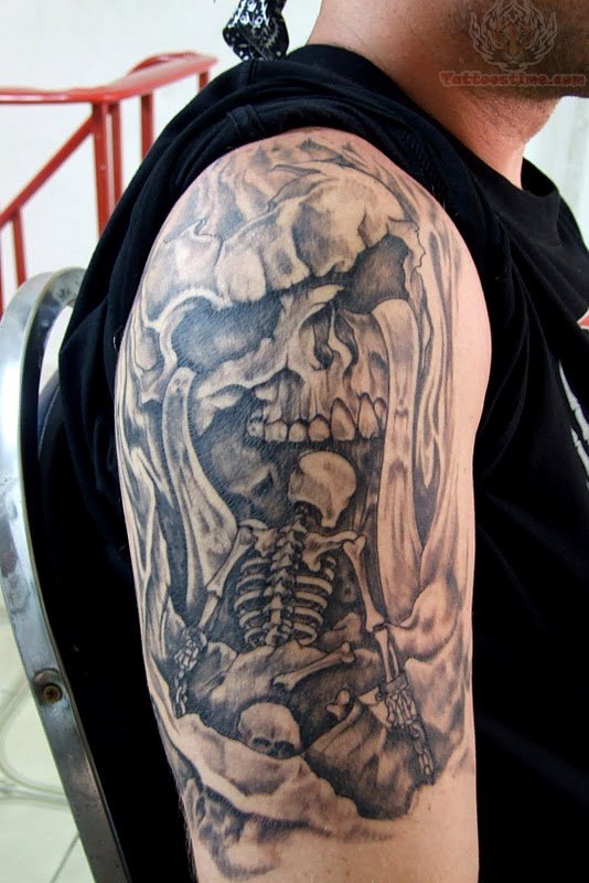 Black And Grey Skull With Skeleton Tattoo On Right Shoulder