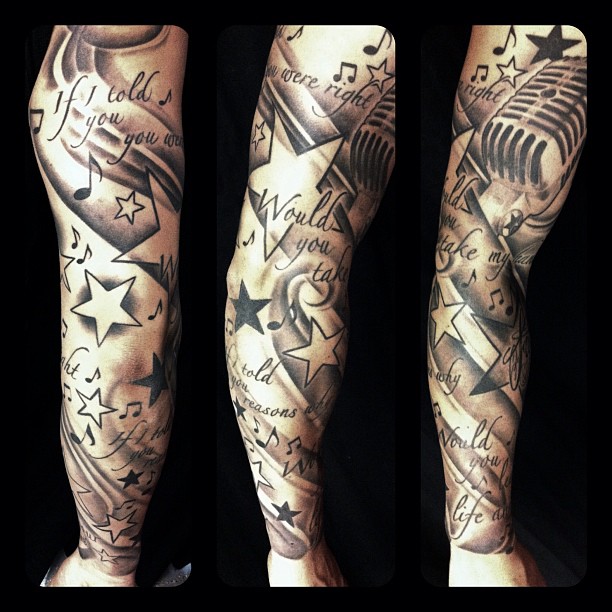 Black And Grey Stars With Mice Tattoo On Full Sleeve