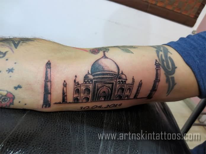 Black And Grey Taj Mahal Tattoo On Right Sleeve