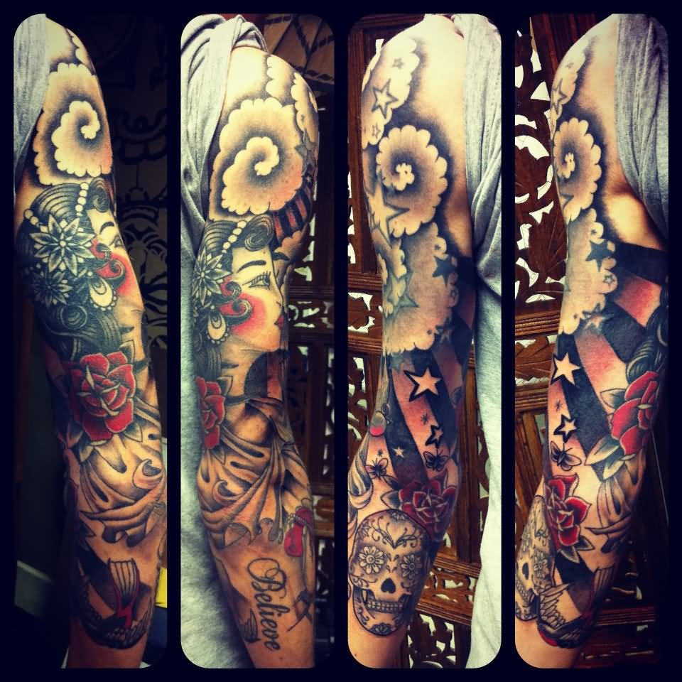 Black And Red Girl Face With Sugar Skull Tattoo On Full Sleeve