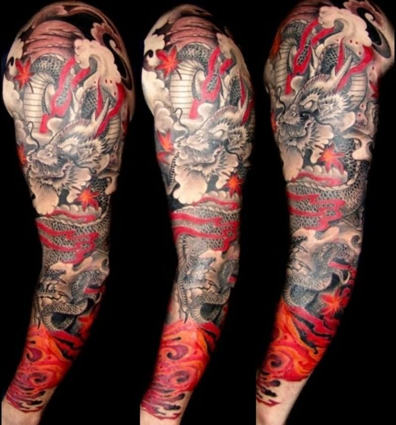 Black And Red Japanese Dragon Tattoo On Full Sleeve