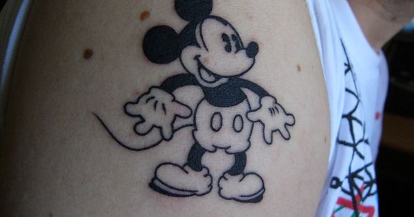 Black And White Mickey Mouse Tattoo On Shoulder