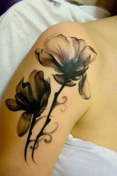 Black And White Poppy Flowers Tattoo Design For Shoulder