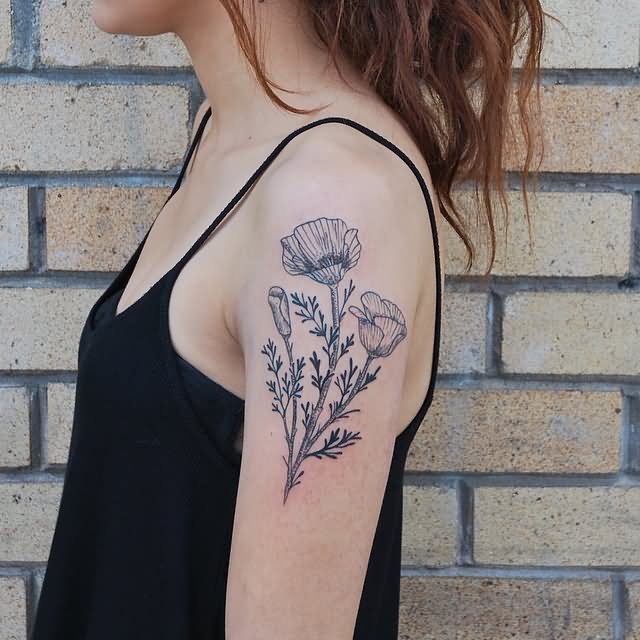 Black And White Poppy Flowers Tattoo On Girl Left Shoulder