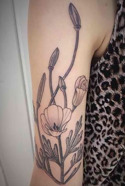 Black And White Poppy Flowers Tattoo On Left Half Sleeve