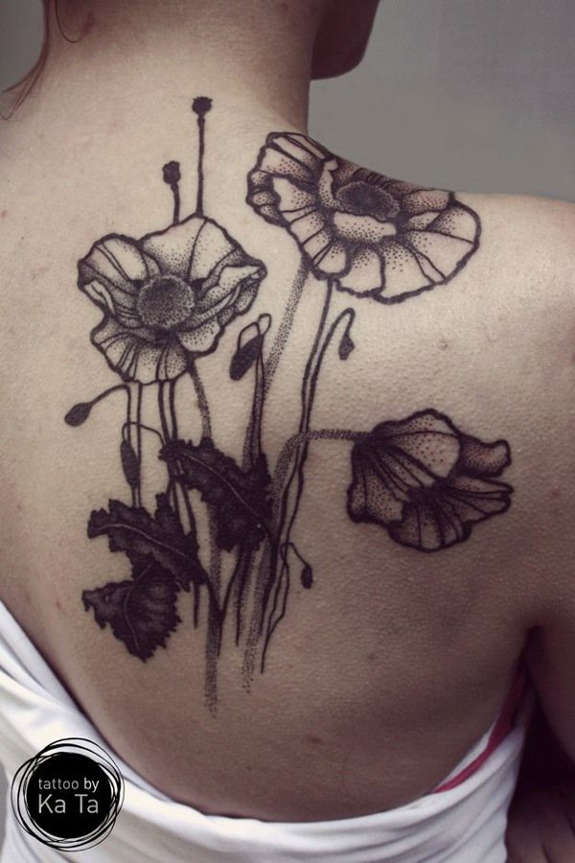 Black And White Poppy Flowers Tattoo On Right Back Shoulder